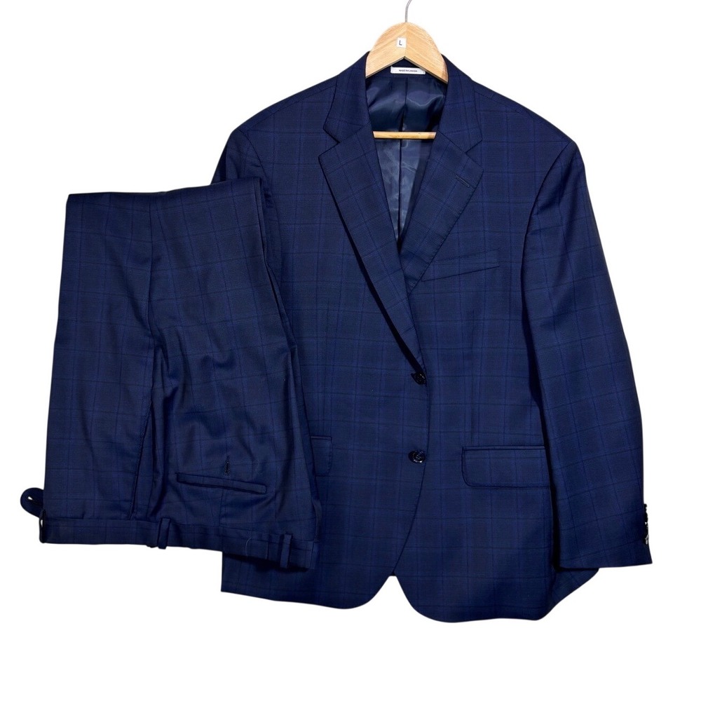 Peter Millar Mens 41R Navy Blue Windowpane Plaid 2 Piece Suit Blazer Pants 36